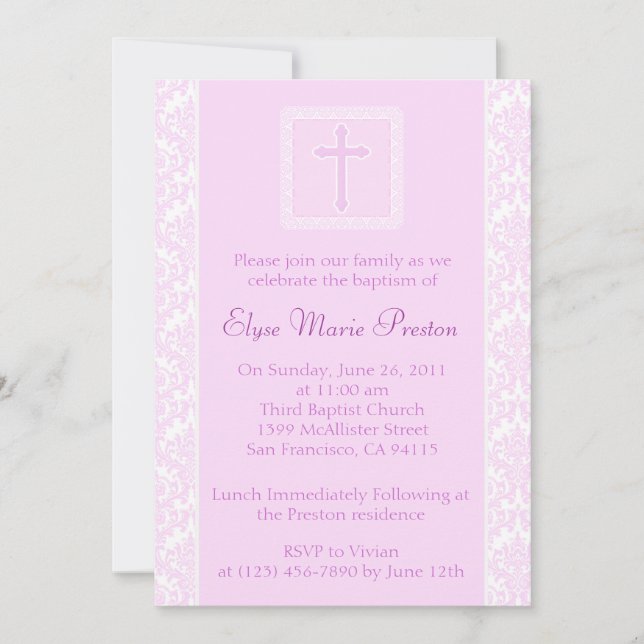 Invitation au baptême et au baptême rose (Devant)