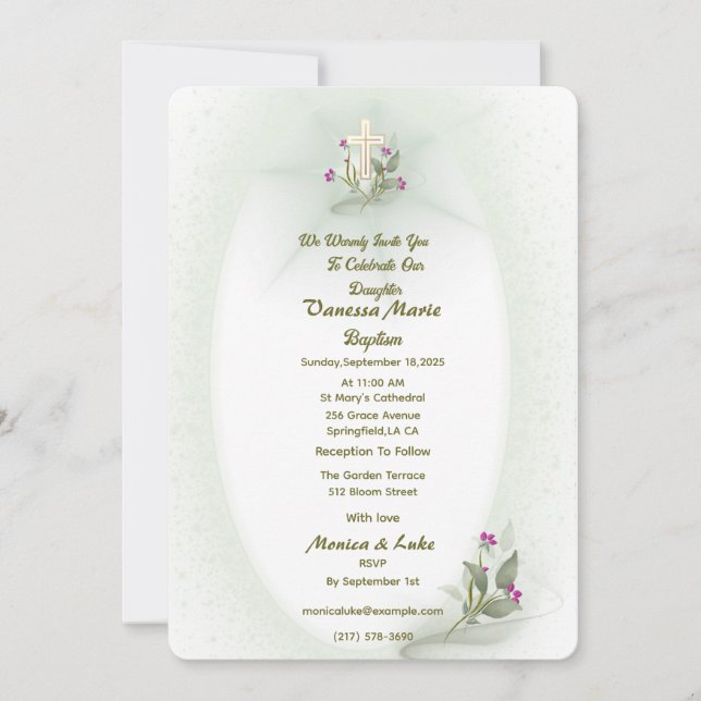 Invitation au baptême fleuri vert&blanc (Devant)