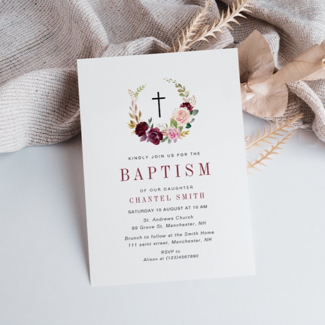 invitation au baptême floral bordeaux et roux (Créateur téléchargé)