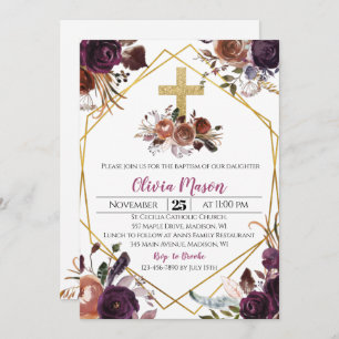 Invitation au baptême Floral Purple Or