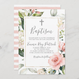 Invitation au baptême floral rose