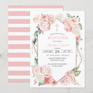 Invitation au baptême floral rose