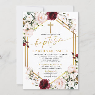 Invitation au baptême floral rose et bordeaux