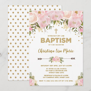 Invitation au baptême floral rose et or
