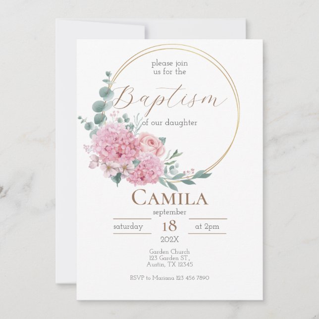 Invitation au baptême floral rose pour une fille e (Devant)
