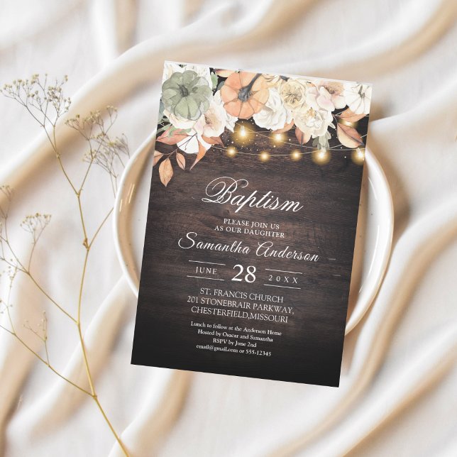 Invitation au baptême floral rustique | Bois (Créateur téléchargé)