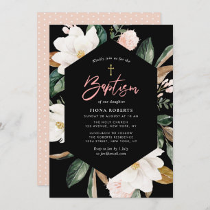 invitation au baptême noir floral magnolia