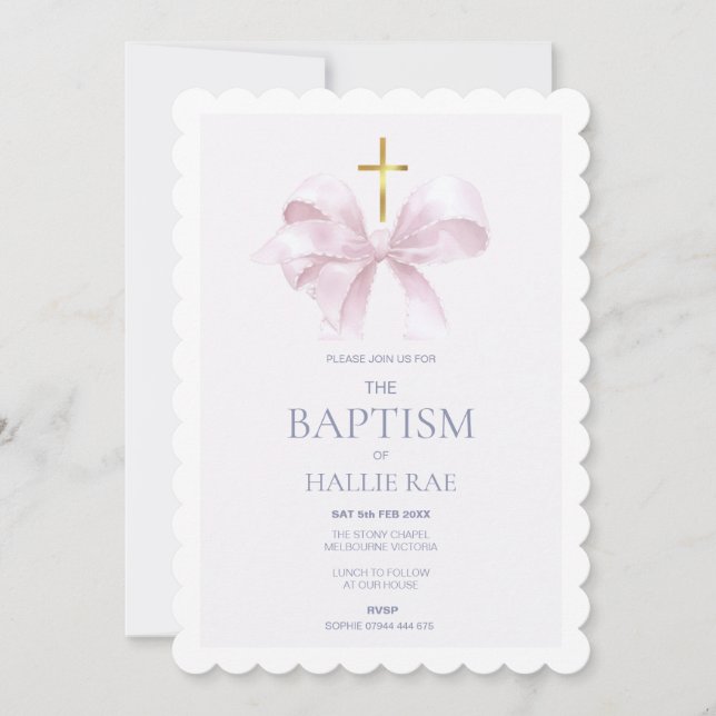 Invitation au baptême pour fille, Bow rose moderne (Devant)