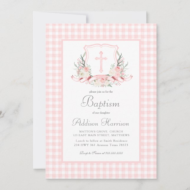 Invitation au baptême rose En vichy, Baptême de fi (Devant)