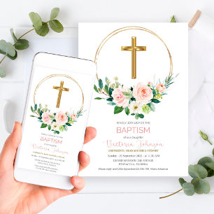 Invitation au baptême rose et or