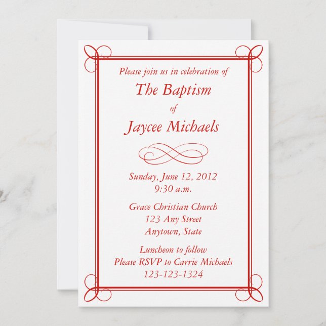 Invitation au baptême rouge personnalisé ou autre  (Devant)