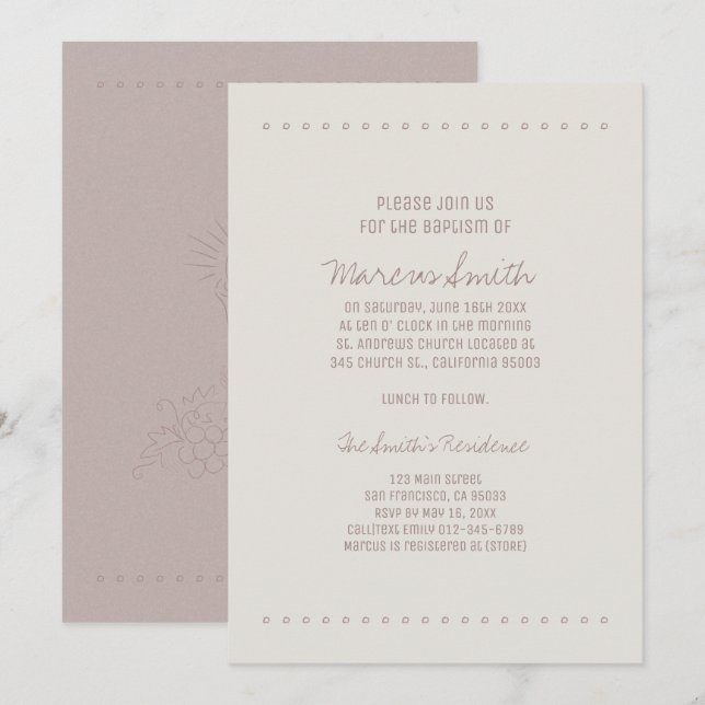 Invitation au baptême simple et rustique (Devant / Derrière)
