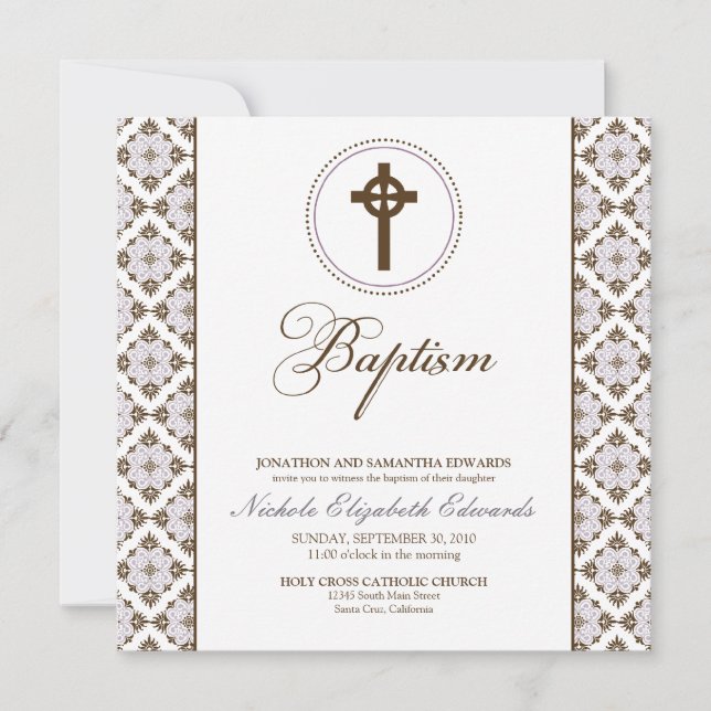 Invitation au baptême Vintage (chocolat/lilas) (Devant)