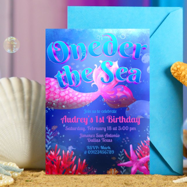 Invitation Au bord de la mer - Sirène (Oneder the Sea - Girl Mermaid 1st Birthday Invitation )