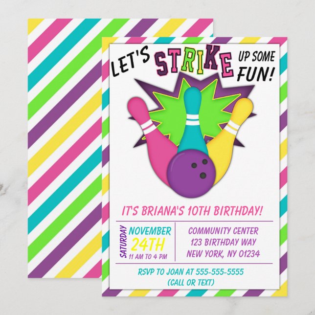 Invitation au bowling pour l'anniversaire d'une fi (Devant / Derrière)