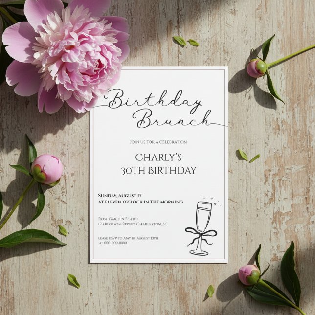 Invitation au Brunch d'Anniversaire pour Femmes (Birthday brunch invitation with pink peony and buds on rustic wooden background.)