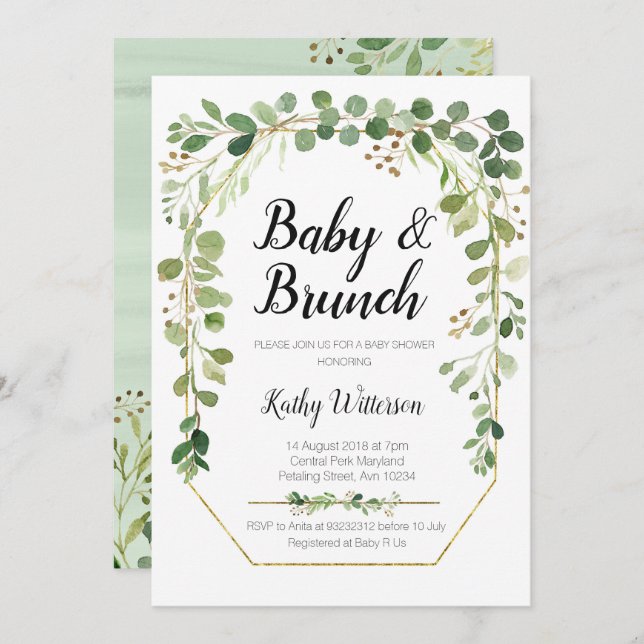 invitation au brunch de bébé avec verdure (Devant / Derrière)