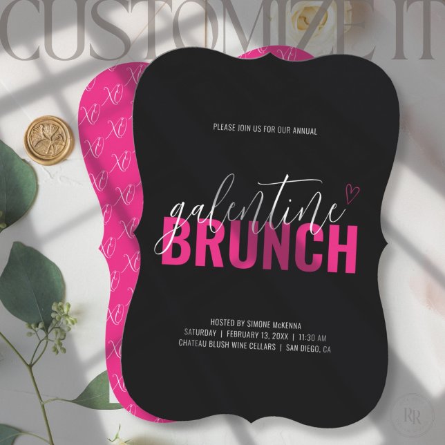 Invitation au brunch de Galentine rose vif et noir (Créateur téléchargé)