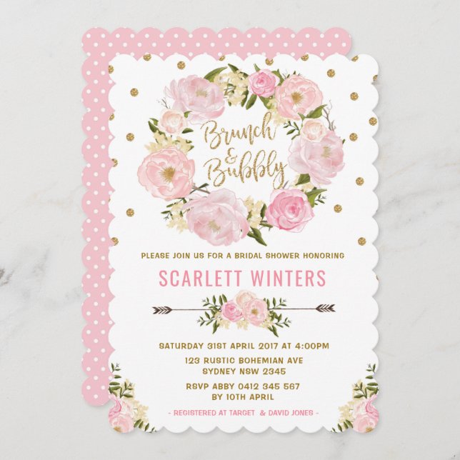 Invitation au brunch et à la douche bubbly Gold ro (Devant / Derrière)