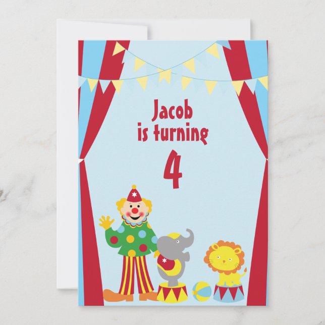 Invitation au Cartoon Circus Clown and Animals Par (Devant)