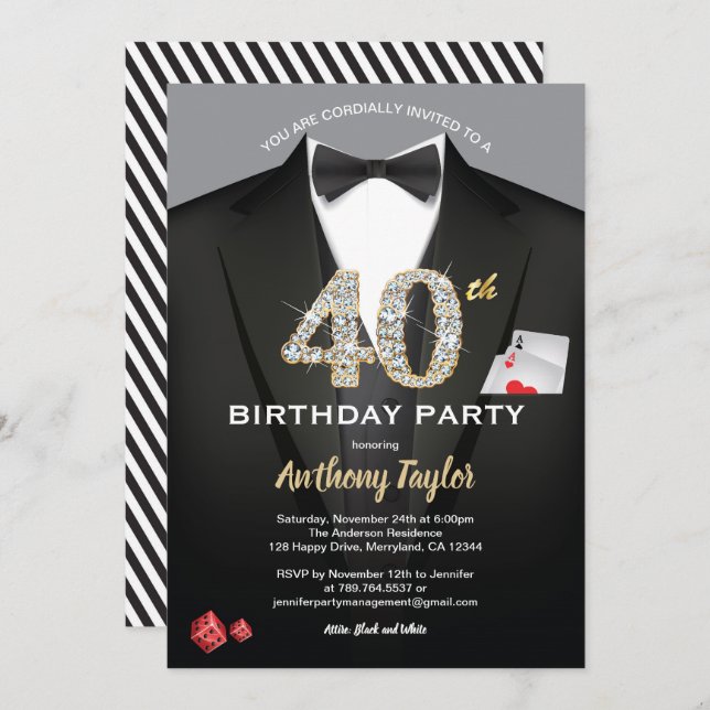 Invitation au casino pour 40e anniversaire. Noir e (Devant / Derrière)