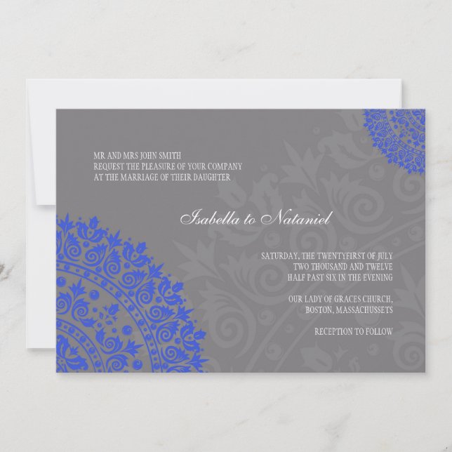 Invitation au Charcoal Grey et Blue Mariage damass (Devant)