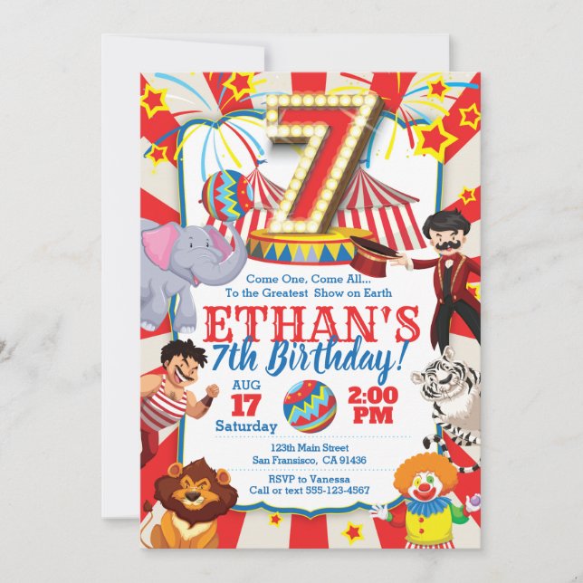 Invitation au Cirque Party pour le 7e anniversaire (Devant)