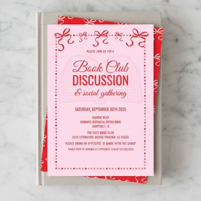 Invitation au club de lecture Coquette Rose (red and pink hand drawn doodle book club theme party invitation with coquette bows and script font)