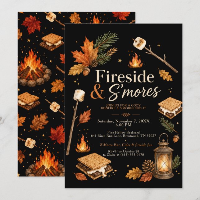 Invitation Au coin du feu & S'mores (Devant / Derrière)