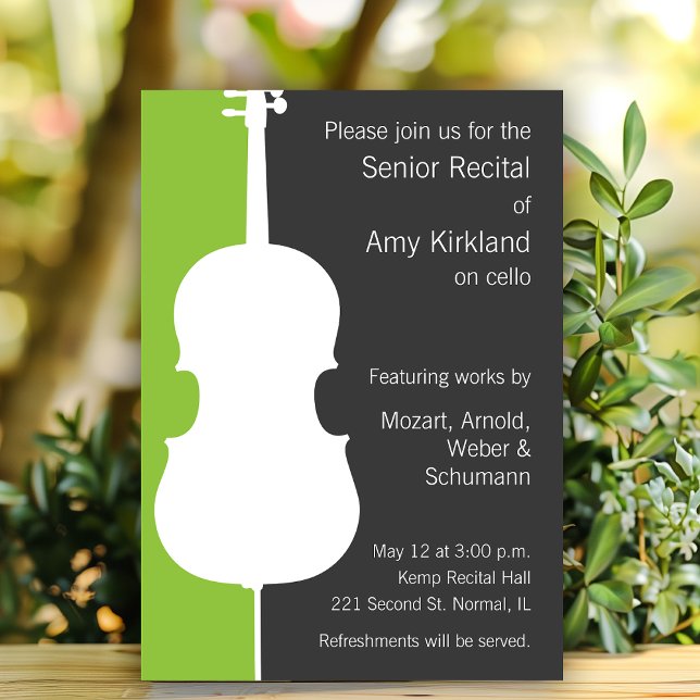 Invitation au considérant Cello moderne - vert et  (Cello themed recital invitation template.)