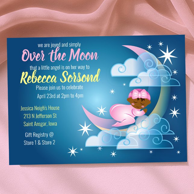 Invitation Au-dessus de la lune Baby Girl Shower Bercée sur C (Over the Moon Baby Girl Shower Cradled on Crescent Invitation
)