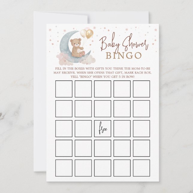 Invitation Au-dessus de la Lune Baby shower Bingo Game Card (Devant)