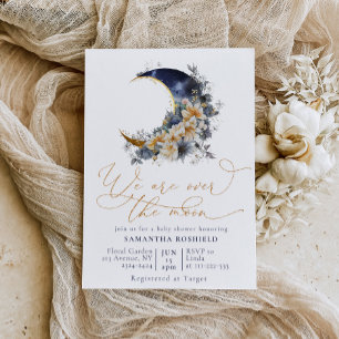 Invitation Au-dessus de la lune baby shower d'or marine