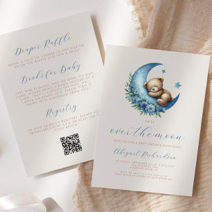 Invitation Au-dessus de la lune Bear Blue Boy QR Code Baby sh