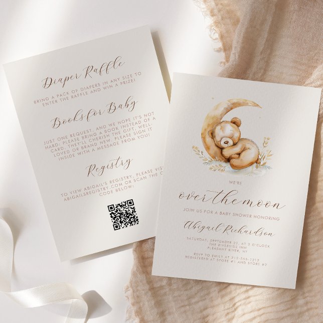 Invitation Au-dessus de la lune Boho Teddy Bear QR Code Baby  (Créateur téléchargé)