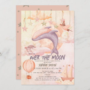 Invitation Au-dessus de la lune de baleine rose Baby shower d