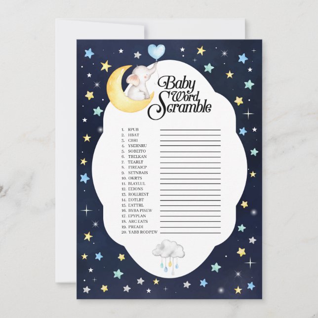 Invitation Au-Dessus De La Lune Elephant Baby Word Scramble J (Devant)