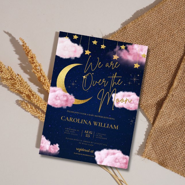 Invitation Au-dessus de la Lune étoiles baby shower rose (Créateur téléchargé)