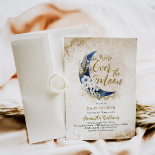 Invitation Au-dessus de la lune Gold & Navy Blue Baby Boy Sho