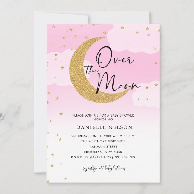 Invitation Au-dessus de la Lune Gold Stars Baby shower rose (Devant)