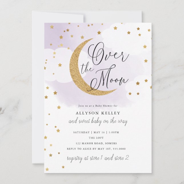 Invitation Au-dessus de la Lune Gold Stars Purple Baby shower (Devant)