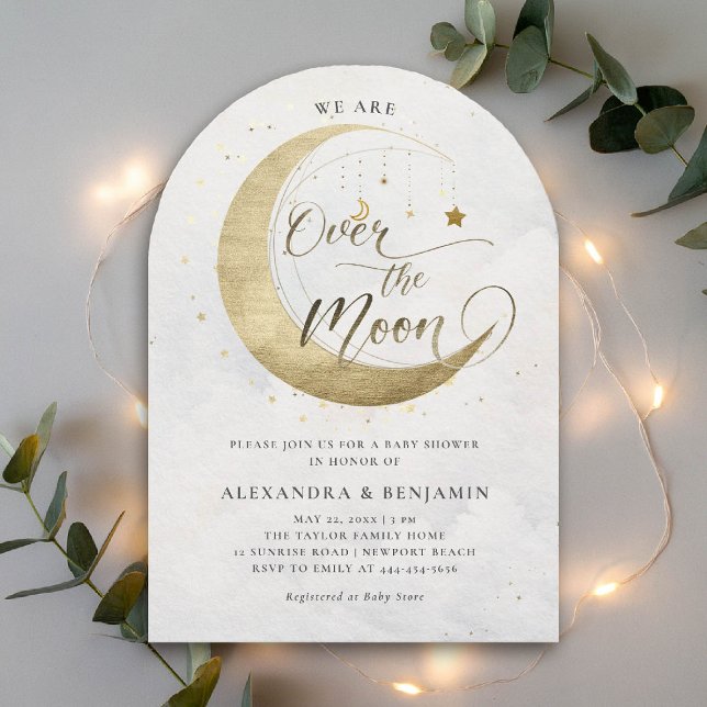 Invitation Au-dessus de la Lune Gold Stars White Sky Baby sho (over the moon baby shower invitation arch white sky gold stars mobile celestial astrology twinkle)