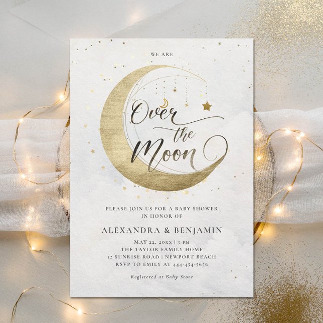 Invitation Au-dessus de la lune Gold White Dreamy Sky Baby sh (over the moon baby shower invitation gold stars sky dreamy celestial galaxy twinkle)