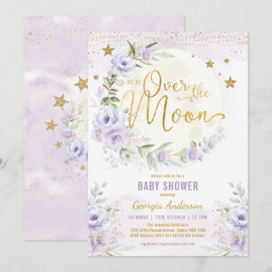 Invitation Au-dessus de la lune   Lavender Gold Girl Baby sho