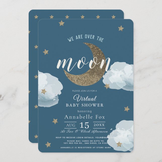 Invitation Au-dessus de la lune Midnight Blue Baby shower vir (Devant / Derrière)
