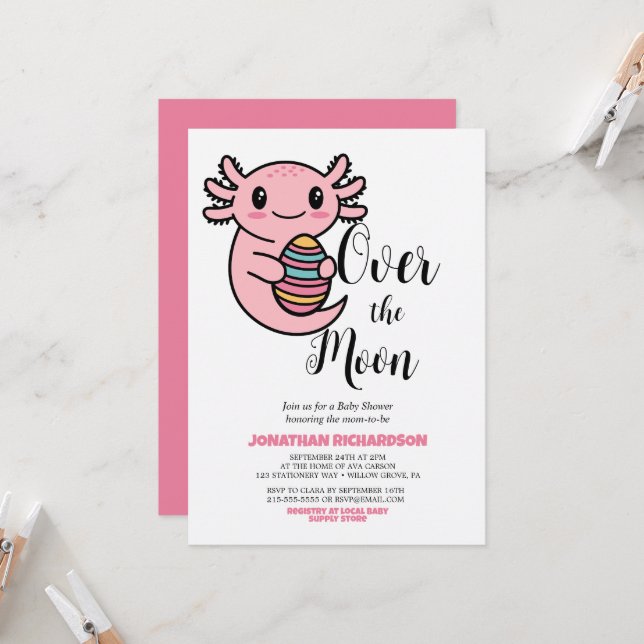 Invitation Au-dessus de la lune mignonne Axolotl tenant l'oeu (Devant/Arrière en situation)