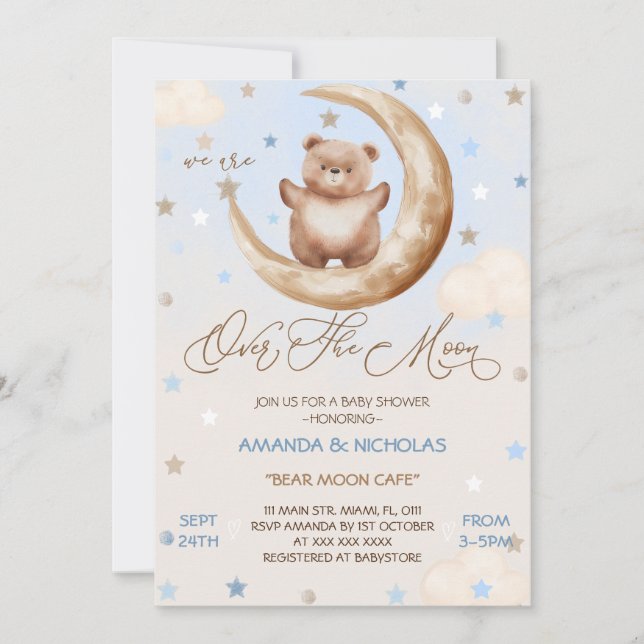Invitation Au-Dessus De La Lune Ours Bleu Garçon Shower (Devant)