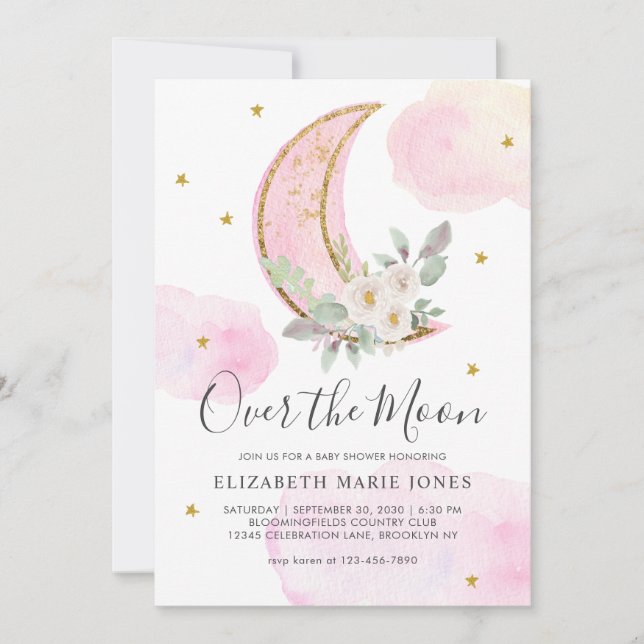 Invitation Au-dessus de la lune rose or Dreamy Baby shower fi (Devant)