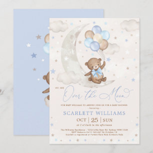 Invitation Au-dessus de la lune Teddy Bear Balloons Baby show
