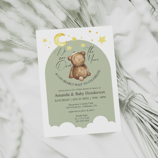 Invitation Au-Dessus De La Lune Teddy Bear Sage Baby shower V (Créateur téléchargé)